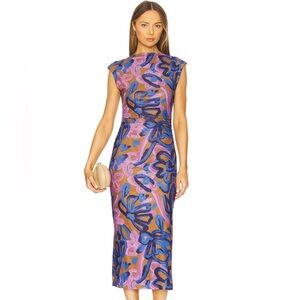 Cleobella Floral Stretch Mesh Midi Dress - Pink and Blue Fresco Print - EUC